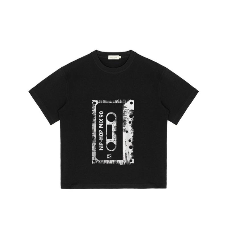 Black T-Shirt with Hip Hop Mix 90 Cassette Tape Print for Casual Wear