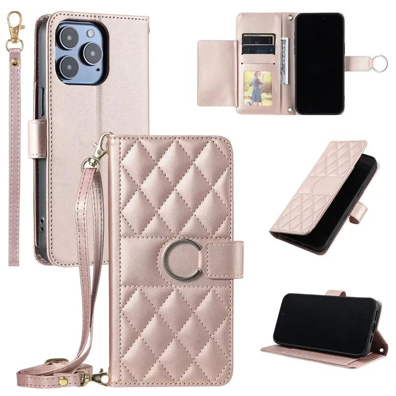 Flip Leather Phone Case for iPhone 17 Air 16 15 Pro Max 16E 14 13 12 11 Pro XS Max XR SE 8 7 Plus Long Lanyard Wallet Card Cover