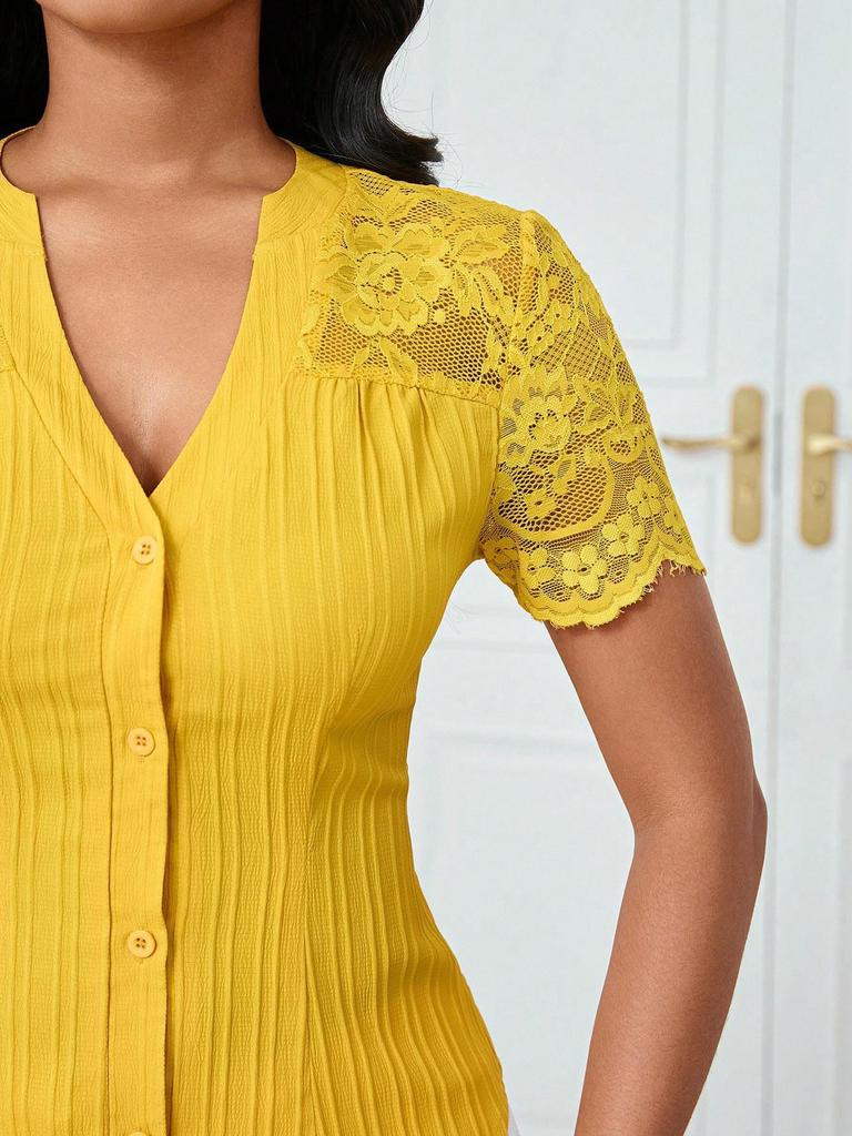 Women's Summer V-neck Embroidered Hollow Short-sleeve Shirt