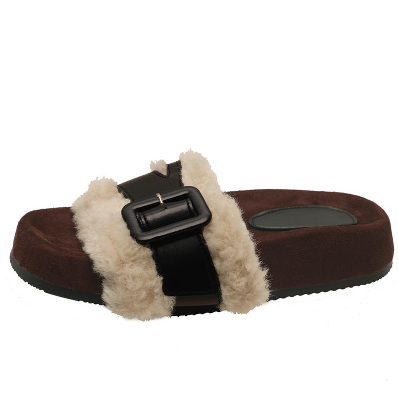 Fur Flats Women Slippers Fashion Platform Short Plush Buckle Winter Shoes 2025 Trend Designer Walking Home Chaussures Ladies