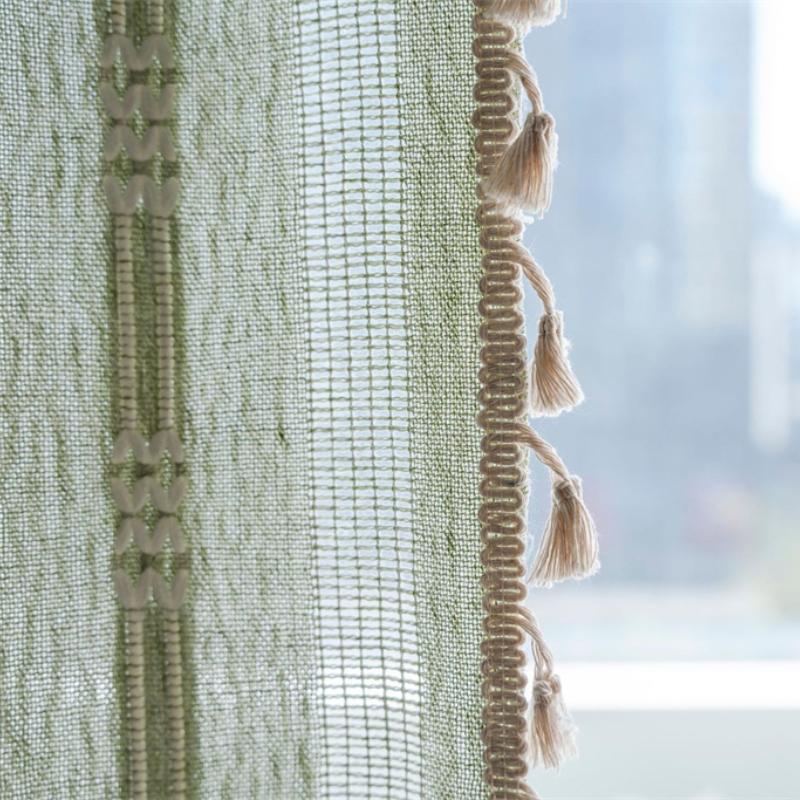 Luxury Emerald Striped Embroidery Curtains - Artisan Openwork Sheers for Gourmet Kitchens & Designer Living Rooms Certified Linen