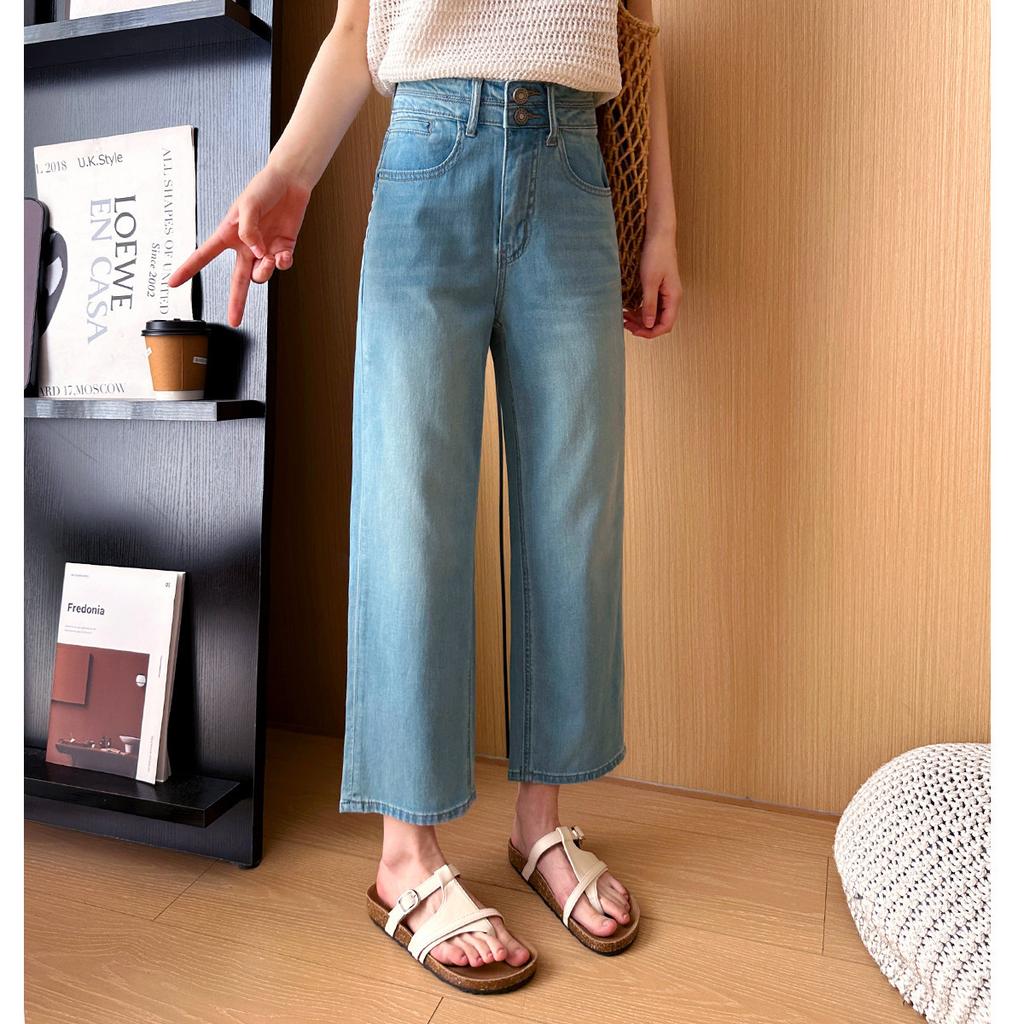 Women's High Waist Straight Leg Jeans Straight Pant Lazy Style Ultra Thin Washed Four-way Stretch Summer Petite Cropped Denim Trousers