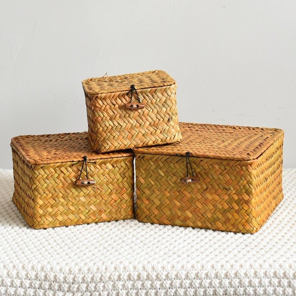 Eco-Friendly Sea Grass Wicker Shelf Baskets Weaving with Lid Storage Bins Handwoven Rectangular Storage Box Home Organizer