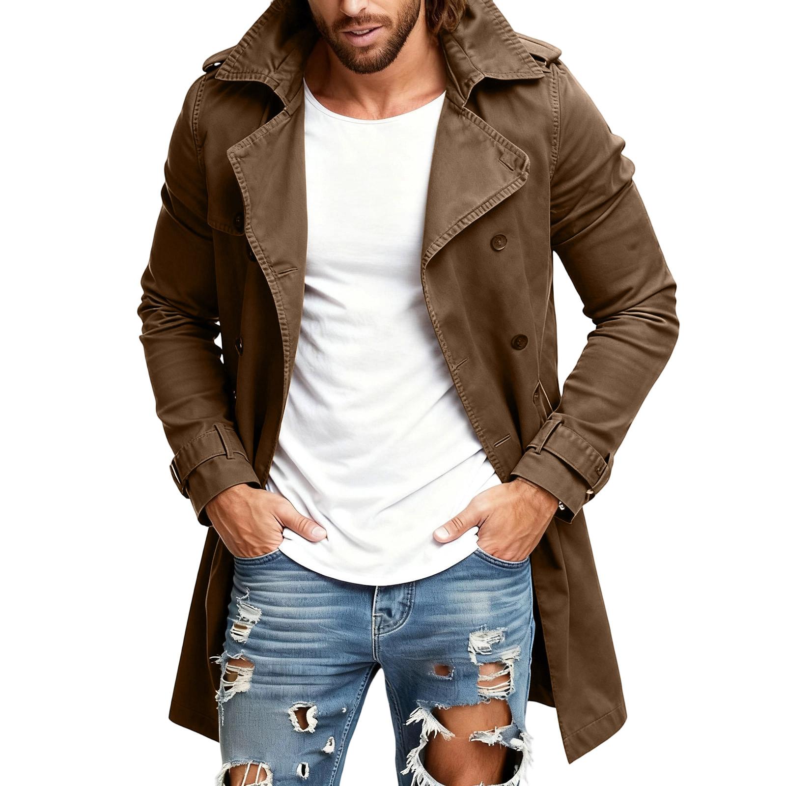 

Men s Medium To Long Self-Cultivation Windbreaker Hooded Hood Leisure Coat XL