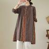 Women's Floral Print Cotton Linen Blend Long Sleeve Tunic Dress Pleated Stand Collar Loose Fit Casual Midi Shirt Dress