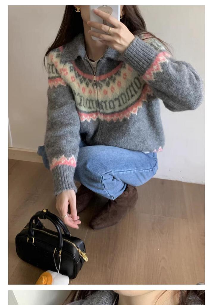 Korean Retro Fair Isle Knit Cardigan - Women's Autumn/Winter 2026 Loose Style