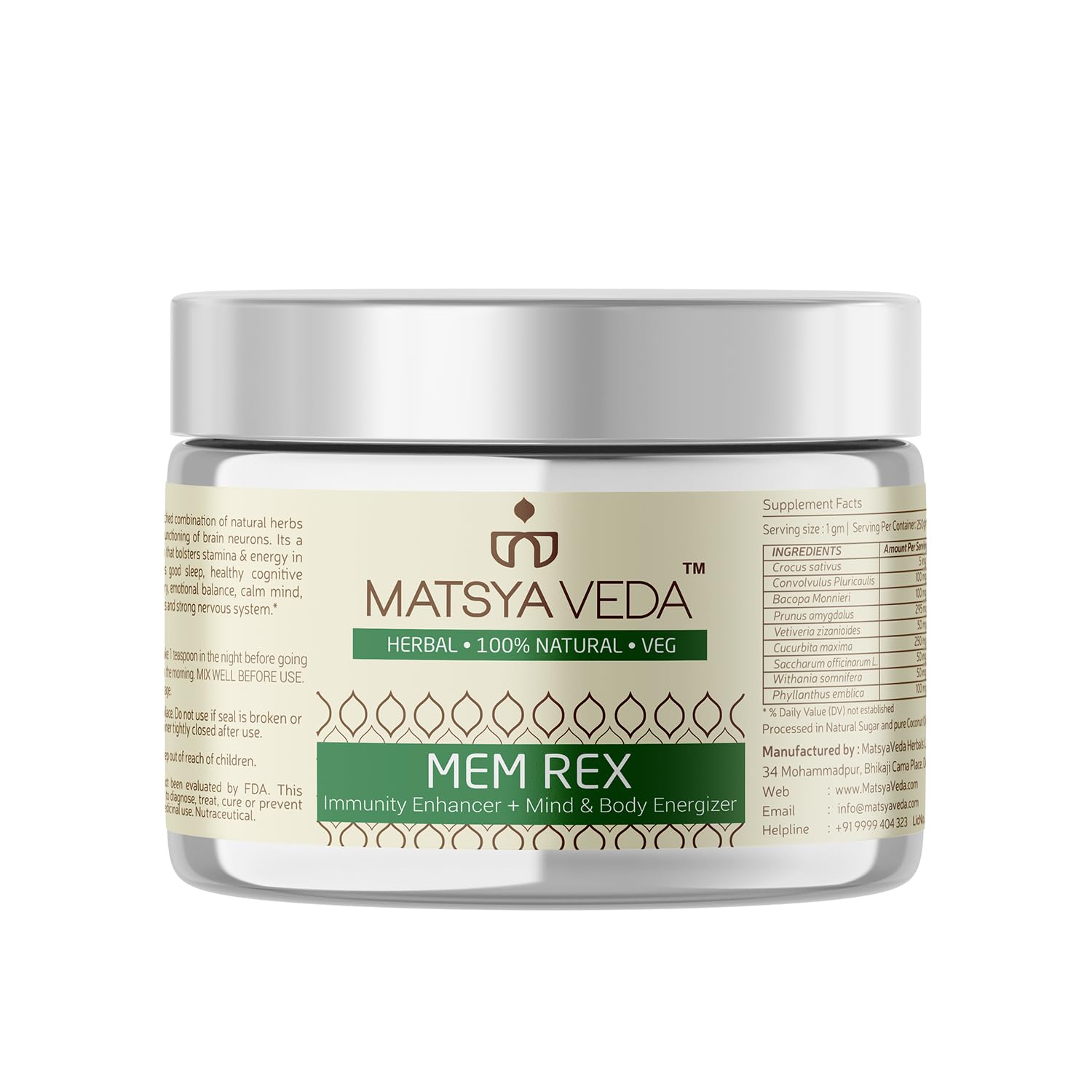 

Matsya Veda Memrex Complete Brain Nutrition With Brahmi, Shankhpushpi & Kesar | 250gm 0.5lbs