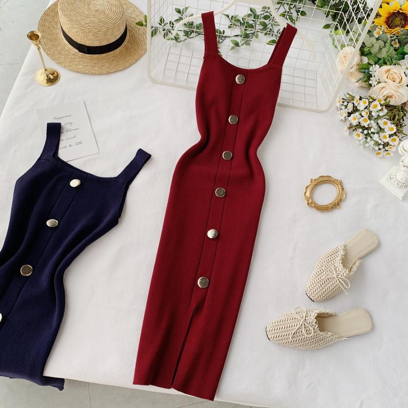 Knitted dress new summer temperament square collar slim and thin breasted sleeveless vest split bottom skirt