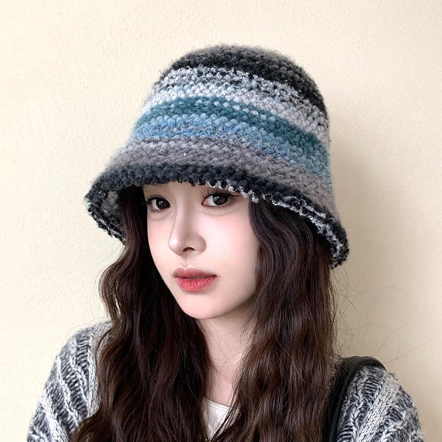 Colourful Knitted Bucket Hat Women Korea Autumn Winter Warm Dopamine Warm Fisherman's Hat Star Model Thickened