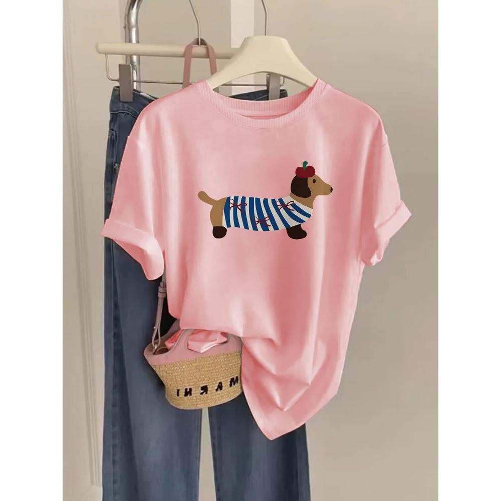 Damen Freizeit-T-Shirt mit Rundhalsausschnitt und entzückendem Hundedruck Kurze Ärmel Kollektion Hundeshirts Harajuku Kurze Ärmel
