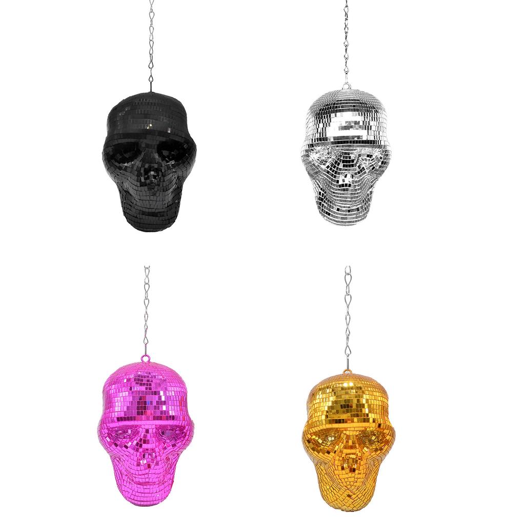 Reflective Mirrored Skull Head Ornament Hanging Chain Discos Balls Pendant for Halloween Parties and Unique Home Decors