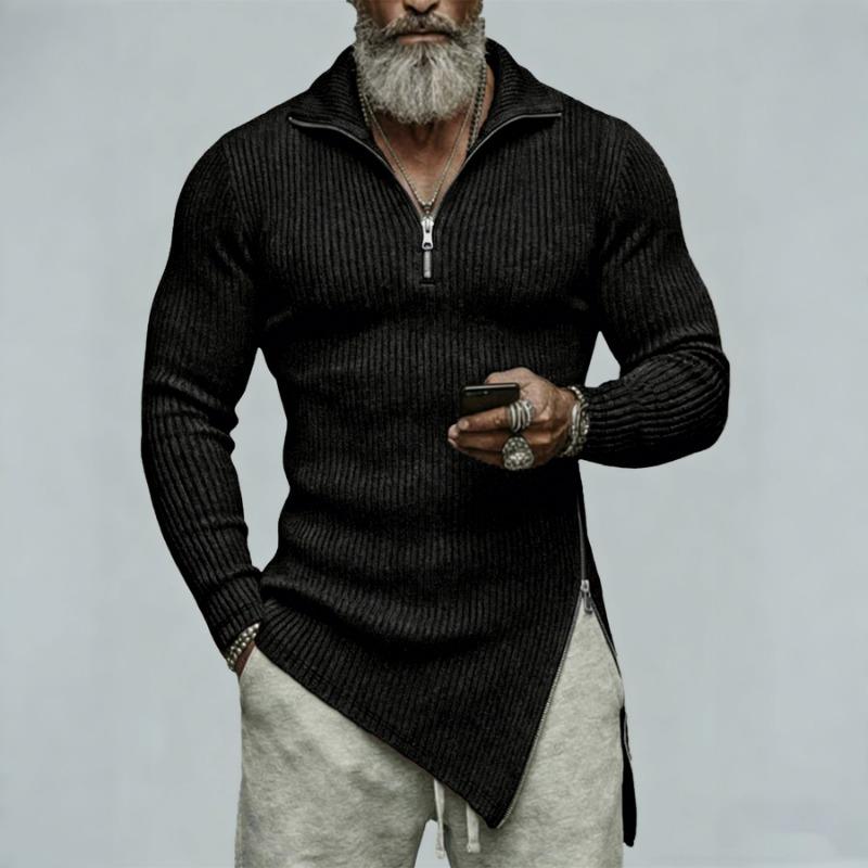 Men Ribbed Knit Half Zip Sweater Asymmetrical Hem Long Sleeve Pullover S чёрный