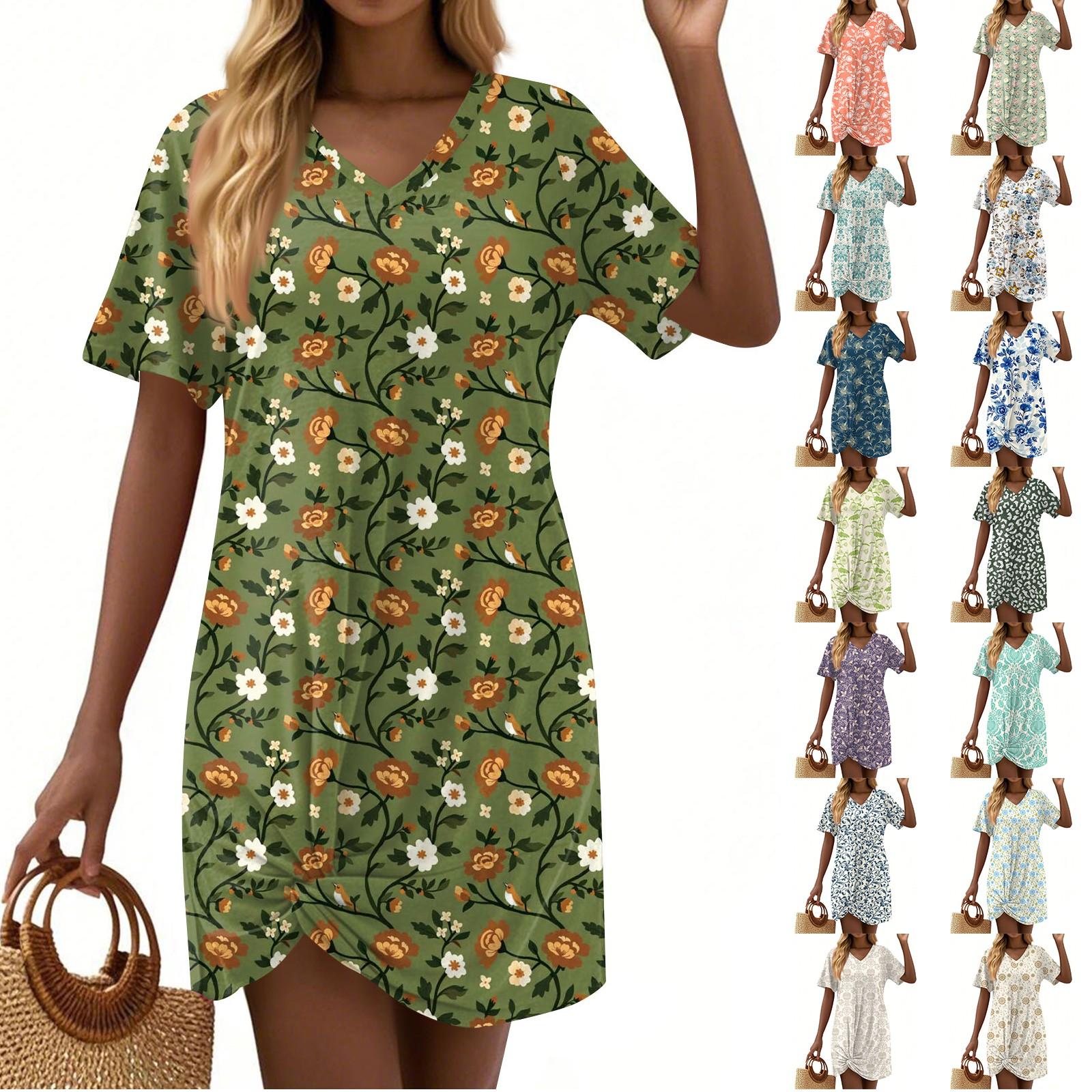 

Women s Summer Casual Floral Printed Hem Knotted Short Sleeve Dresses XL зелений