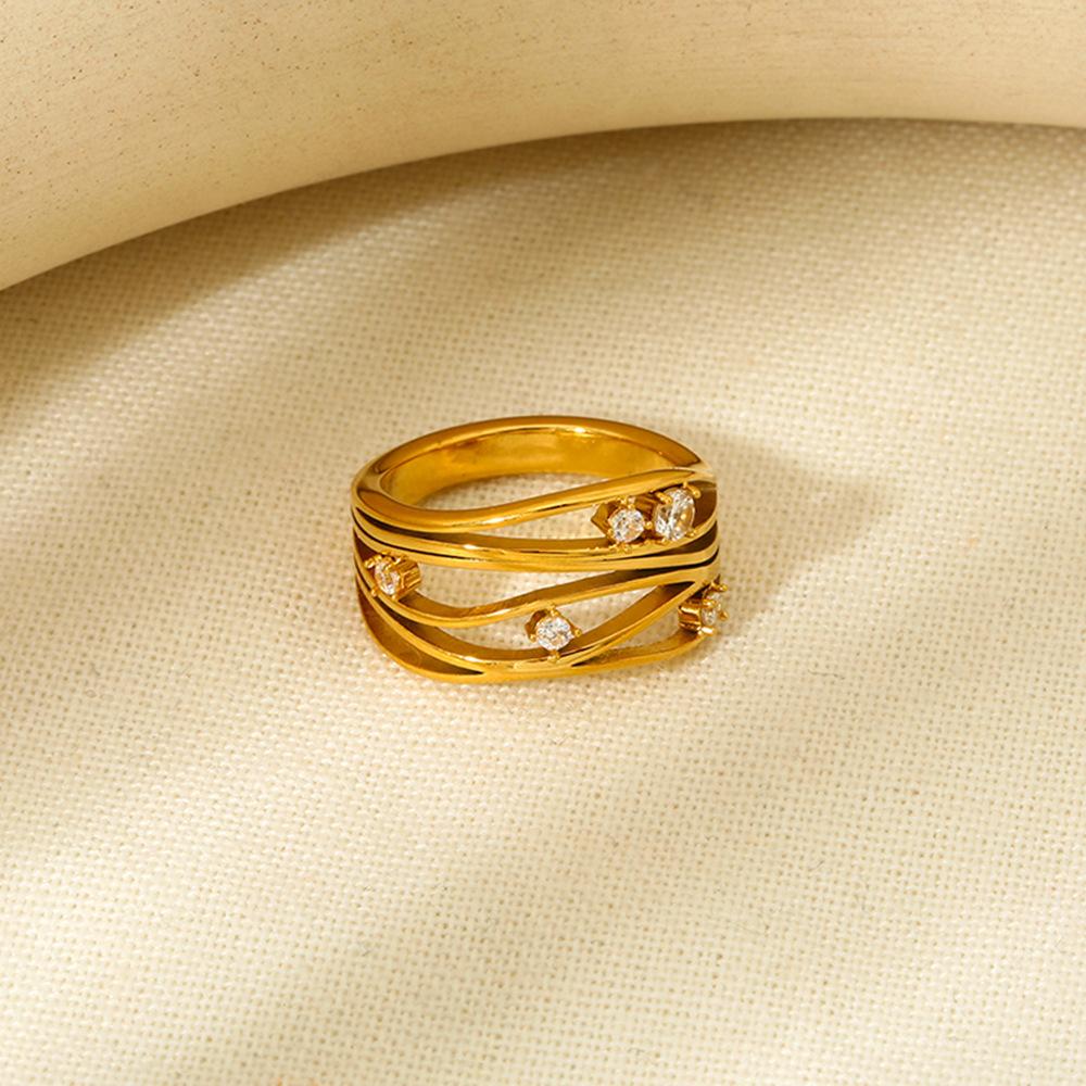 ins French light luxury irregular hollow zircon multi-layer ring stainless steel plated 18k gold waterproof ring women
