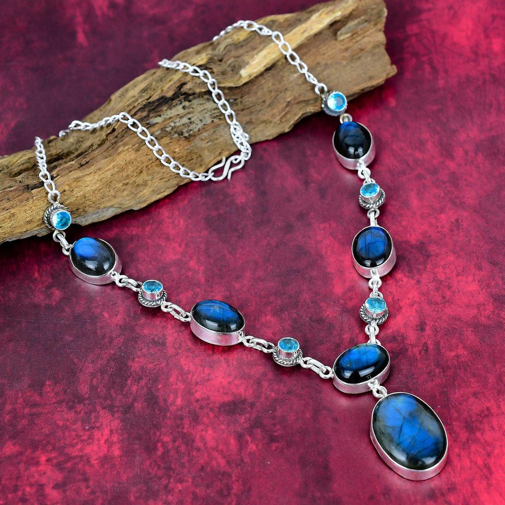 Labradorite, Blue Topaz Handmade Gemstone Necklace, 925 Solid Sterling Silver Necklace Antique Jewelry, For Thanksgiving