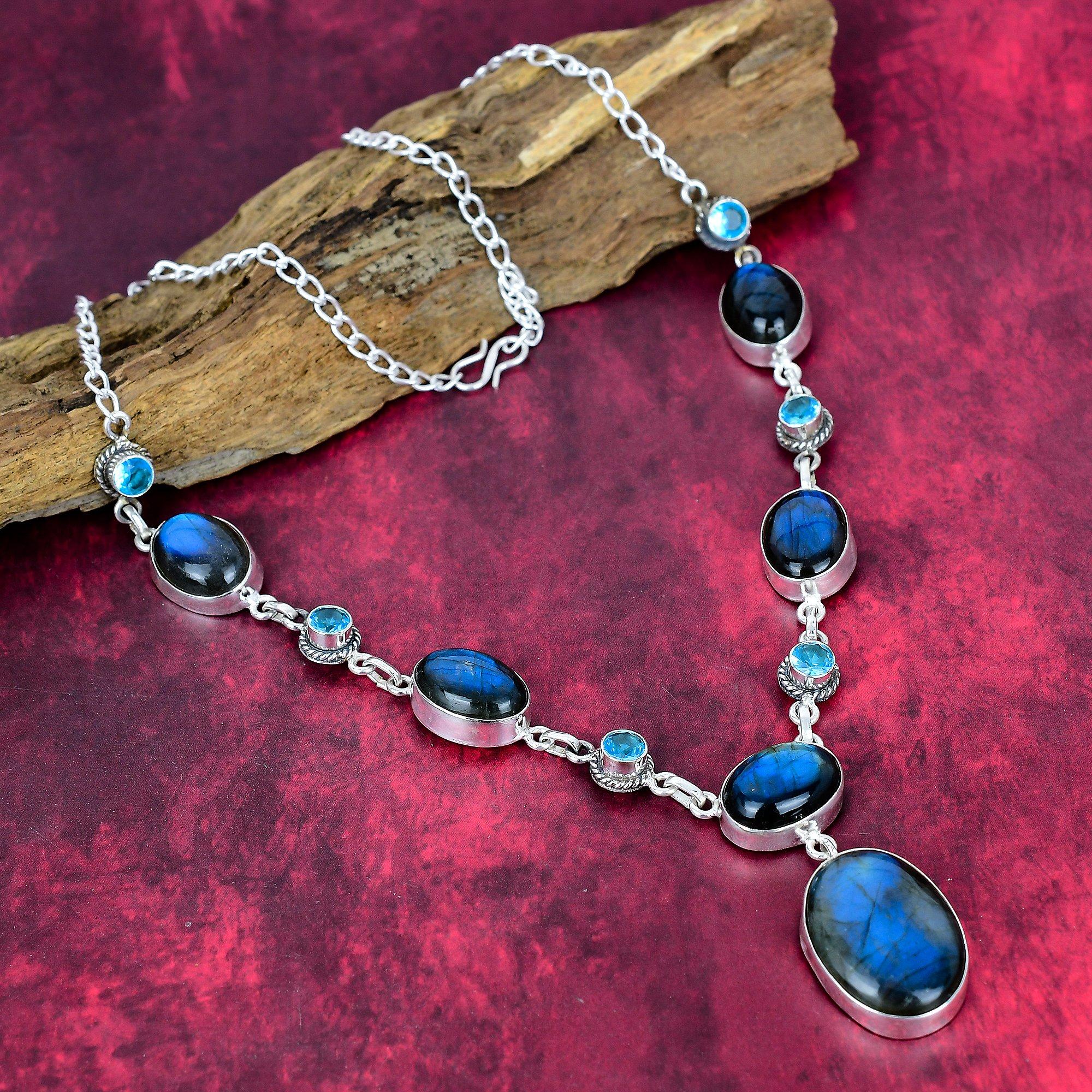 

Ожерелье из лабрадорита и голубого топаза, 925 проба, цельное стерлинговое серебро, регулируемая цепочка, подарок для женщин, ожерелье из драгоценных камней ручной работы