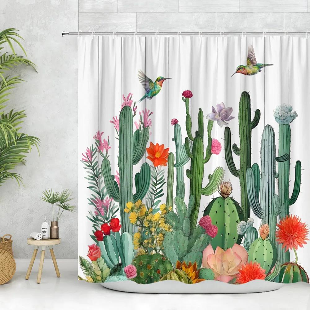 Cactus Shower Curtain Tropical Plant Greenery Moon Flower Desert Hummingbird Rustic Wood Panel Polyester Fabric Bathroom Decor