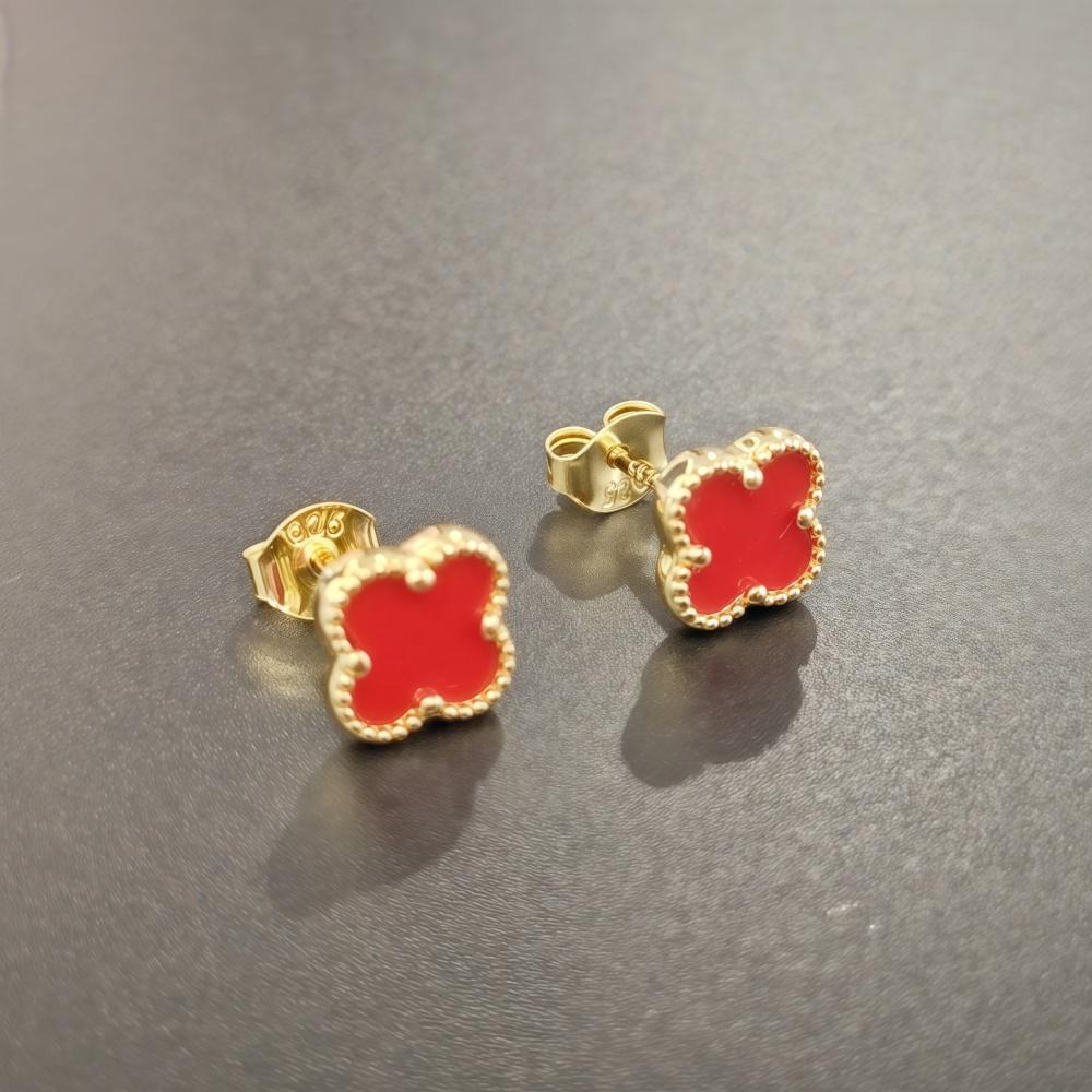 Cercei tip trifoi cu patru foi norocos din argint 925, placat cu aur Cerceu turcoaz roșu