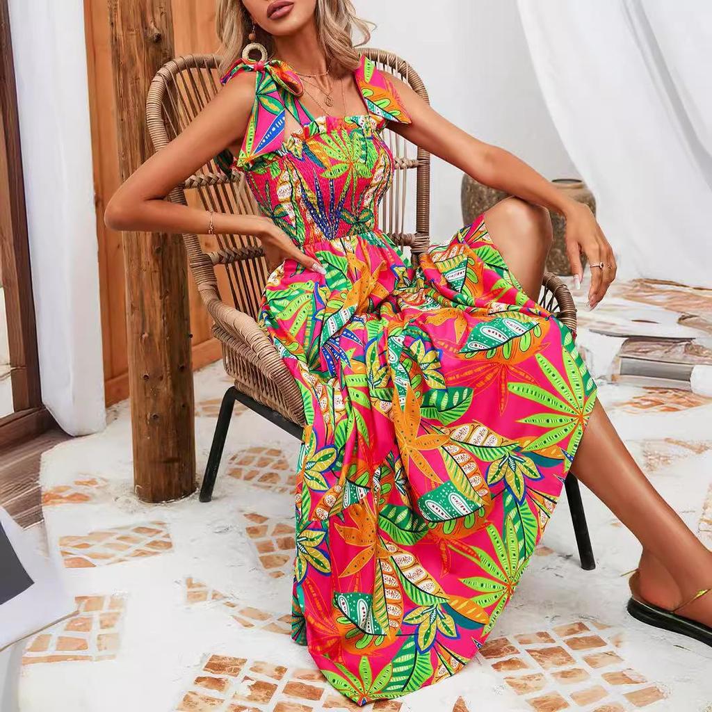 Vestido con cordones de cintura alta y manga estampada étnica de verano para mujer