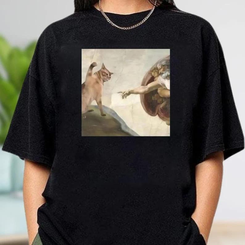 Funny Cat Meme Shirt, Cat God Creation Of Adam Meme Shirt M