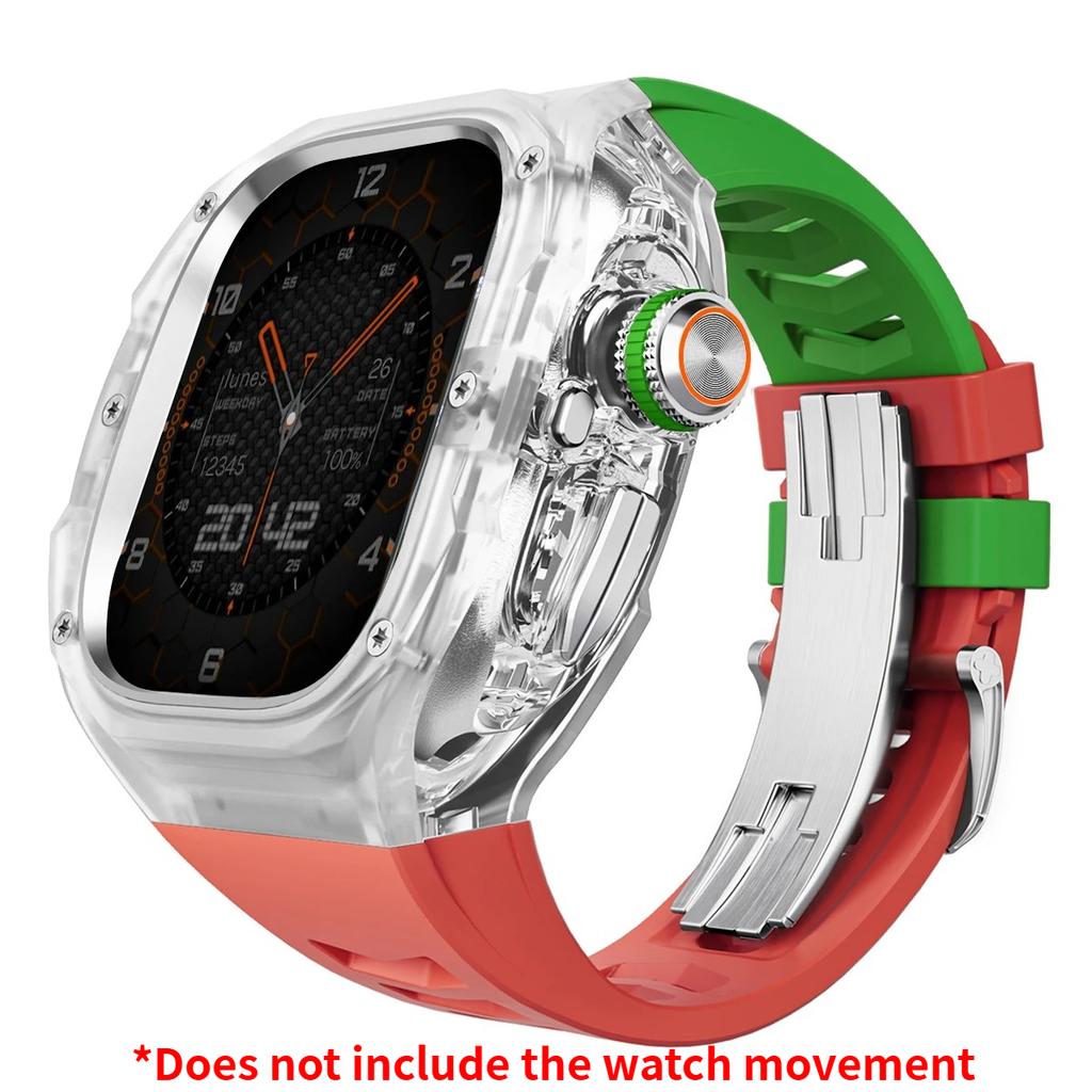Prabangus modifikacijų rinkinys Apple watch Ultra 3/2/1 49mm Sportinis guminis dirželis+Dėklas Iwatch ultra 49mm Skaidrus Glacier dėklas Modifikavimo rinkinys