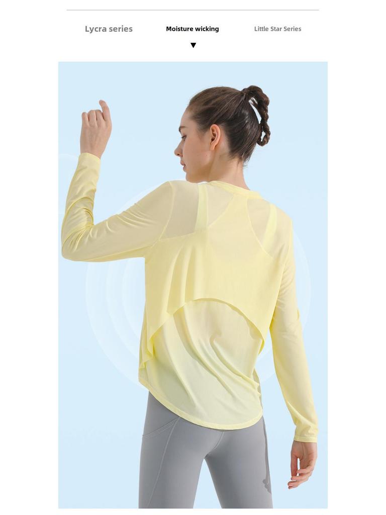 Women's Long-Sleeve Quick-Dry Yoga Top: Nude Open Back, Breathable, Loose Fit, Sun Protection for Running and Fitness.