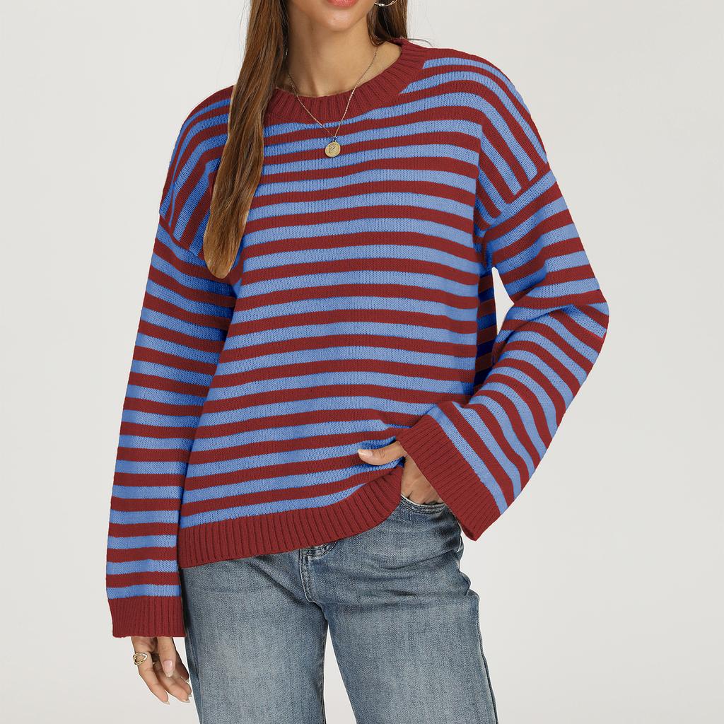 Women's Casual Striped Round Neck Long Sleeve Pullover Sweater for Everyday Wear