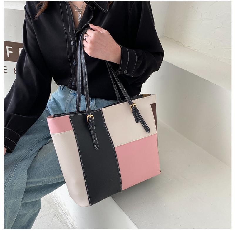Korean Style Color Blocking Large Capacity Tote Bag Trendy Fashion Shoulder Handbag Casual Shopping Bag for Women CLE
