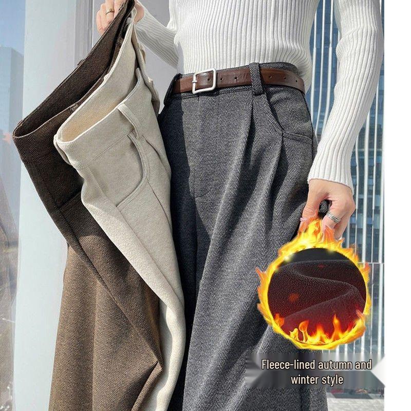 2025 Autumn/Winter High-Waisted Herringbone Wool Blend Wide-Leg Pants