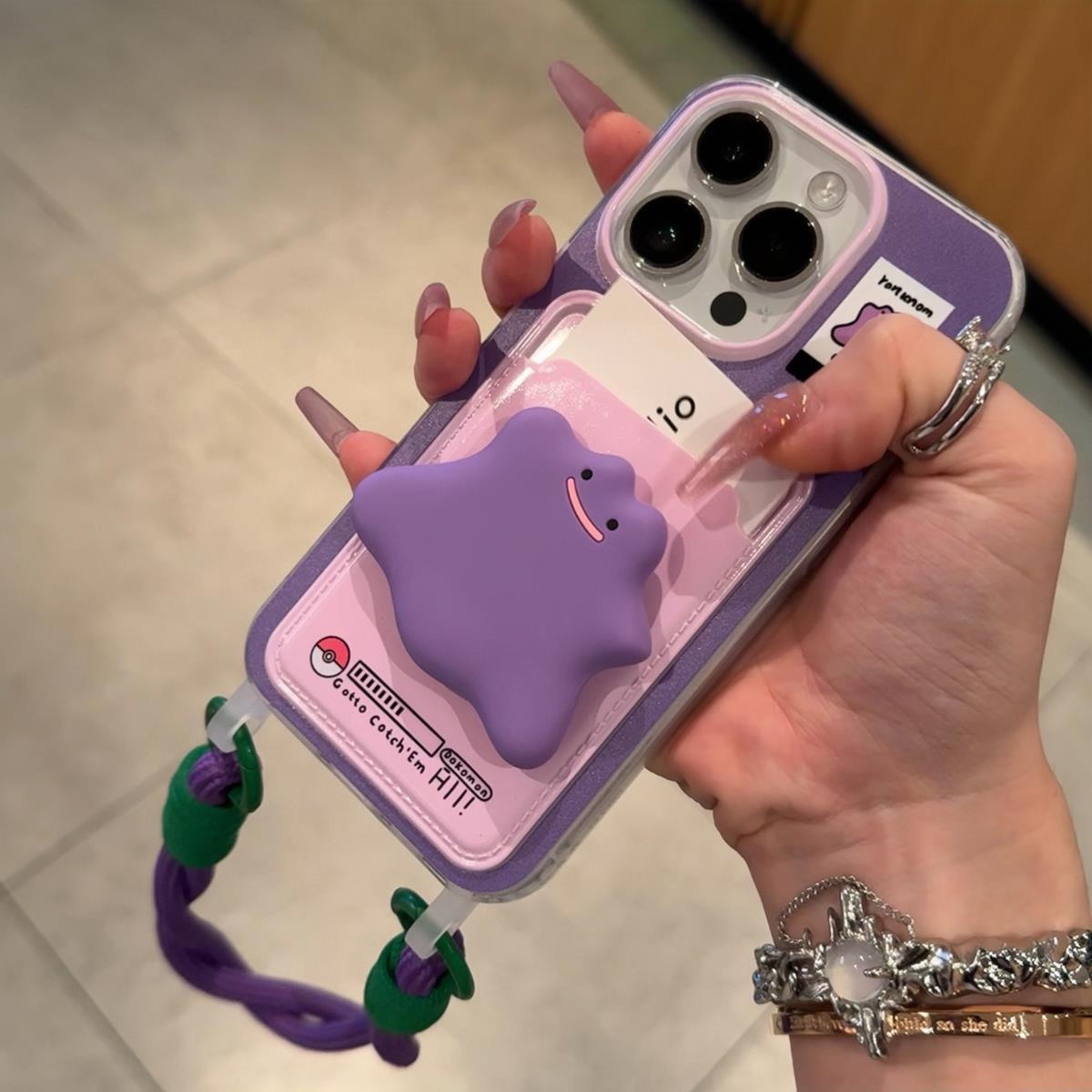 

Purple Small Monster Stand Card Holder Phone Case for Apple 16promax with Hand Strap IPhone15 Protective Cover Apple 16