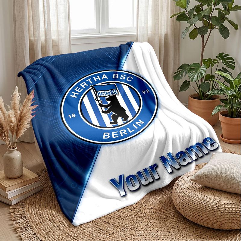 Hertha BSC Benutzerdefinierter Name Text Flanelldecke Fußball Logo Personalisierte Fleece-Kuscheldecke Besonderes Geschenk für Sofa Schlafzimmer Zuhause 80cmx120cm blue