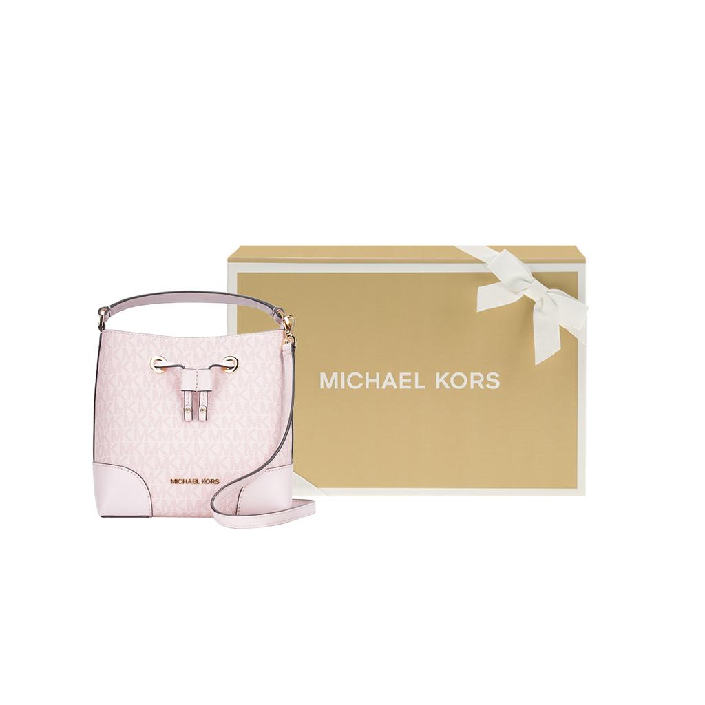 Michael Kors MK Mercer Printed Drawstring Coated Canvas And Leather Bucket Bag Women Bags Pink 35F2GM9M1B-DKPWDRBLSH