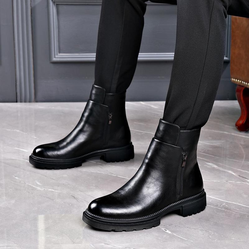 Men's Winter Leather Chelsea Boots with Soft Cowhide, Side Zipper, and Velvet Lining