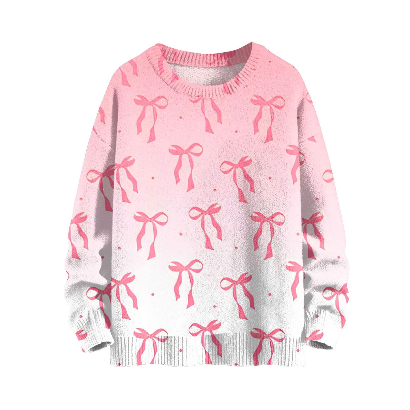 

Женская мода повседневный длинный рукав бант принт милый ворот шерстяной трикотажный пуловер топ M розовый