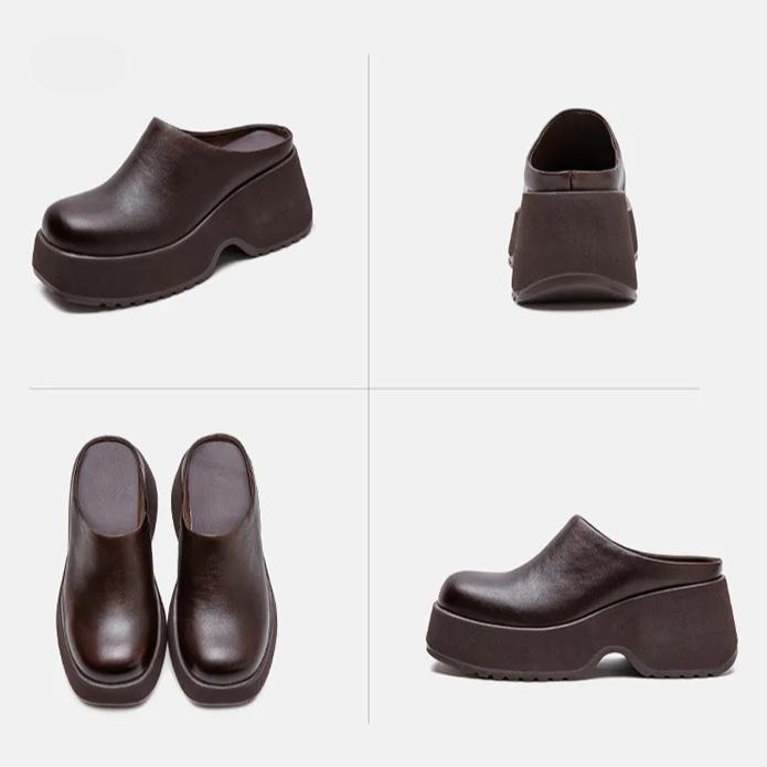 Johnature Pantofle na klínu s tlustou podrážkou Retro originální kožené jednobarevné dámské boty na platformě