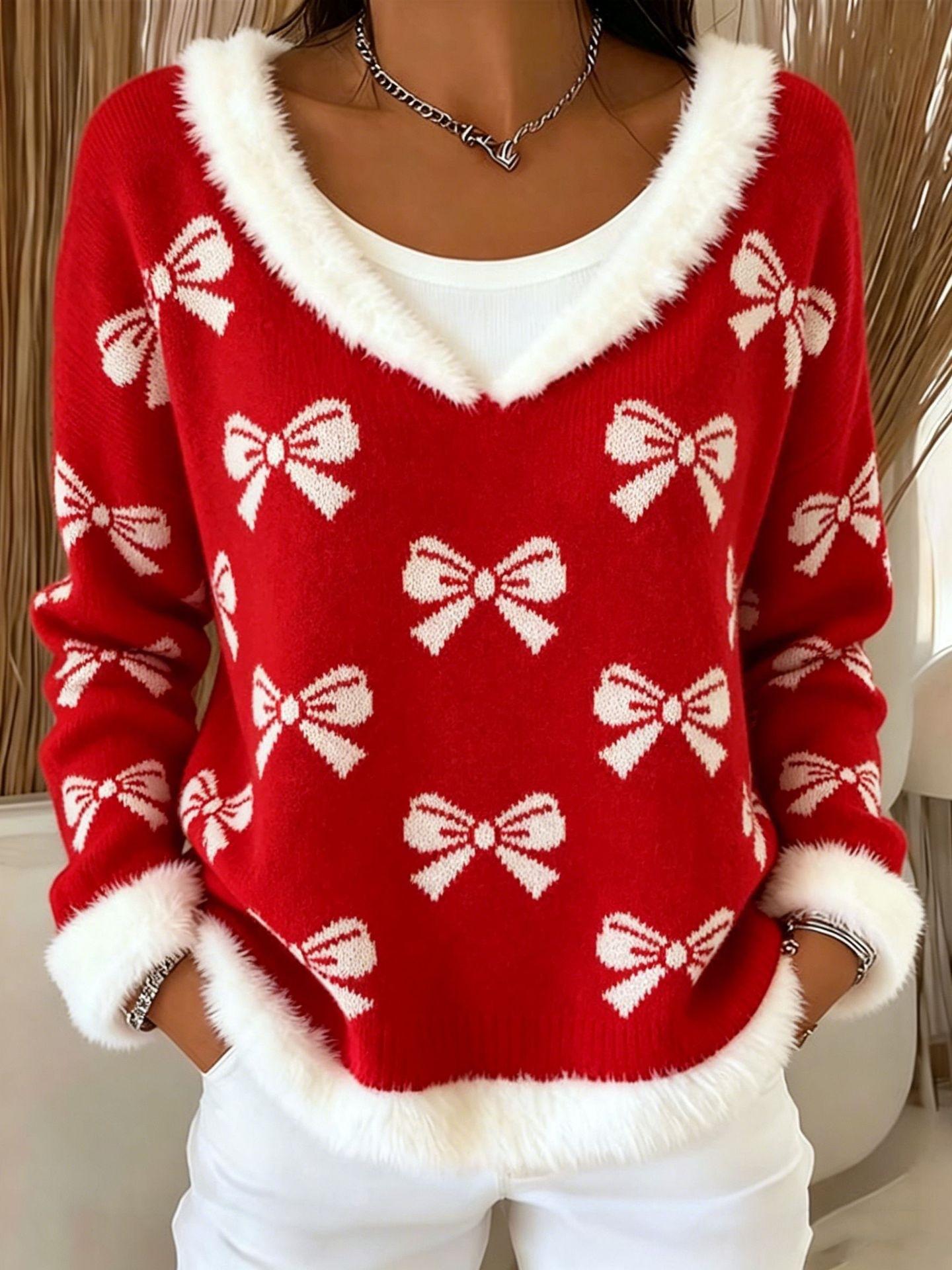 Exclusive for Christmas wind, red star jacquard V-neck sweater, women s plush hemming loose S