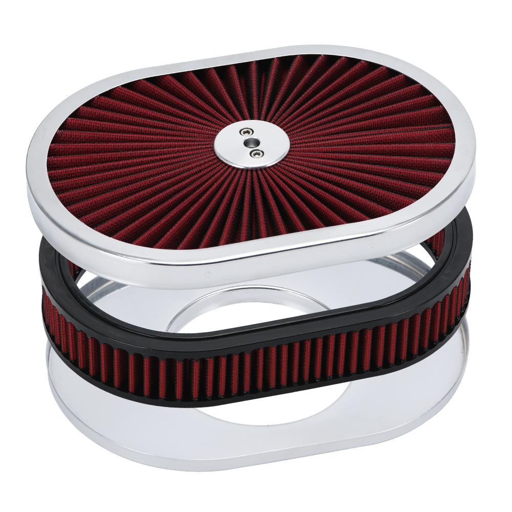 12"x2" Oval Air Cleaner Filter Assembly 5-1/8" Carb Neck W/ Flow-Thru Lid High Flow Chrome for GMC Chevy Ford Chryler Dodge Red