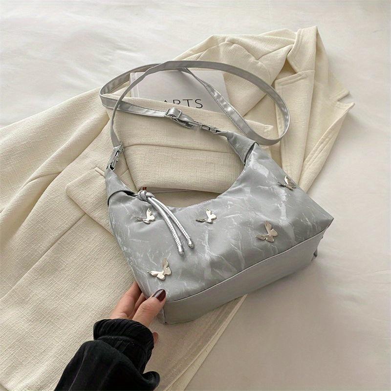 Women S Fashionable Butterfly-Embroidered Shoulder Bag - Elegant Tote with Drawstring Closure, Large Capacity  & Handbag, PU Material, Zipper Closure