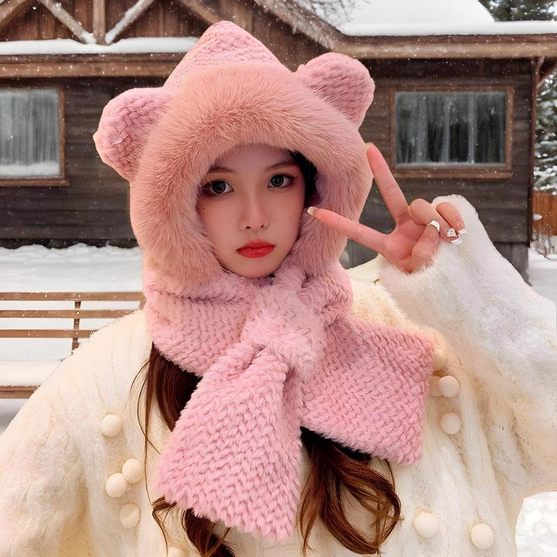 Bear Ears Hat Bunny Ear Hat Cute Winter Hat Bear Scarf Plush Hat Bear Costume Bear Hood For Kids Women Young People Elderly