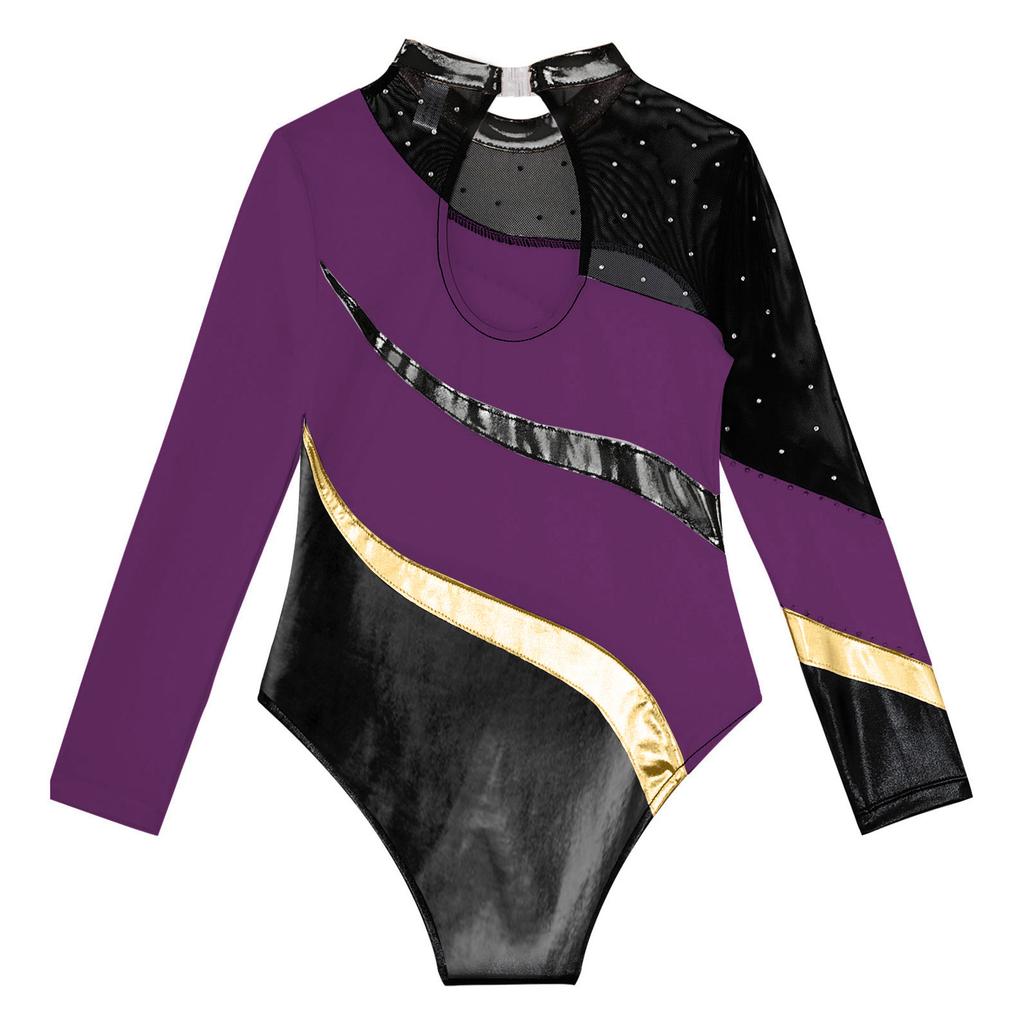 Body da ballo per bambina, a maniche lunghe, con decorazione con strass lucidi, a maniche lunghe, per abbigliamento da ginnastica