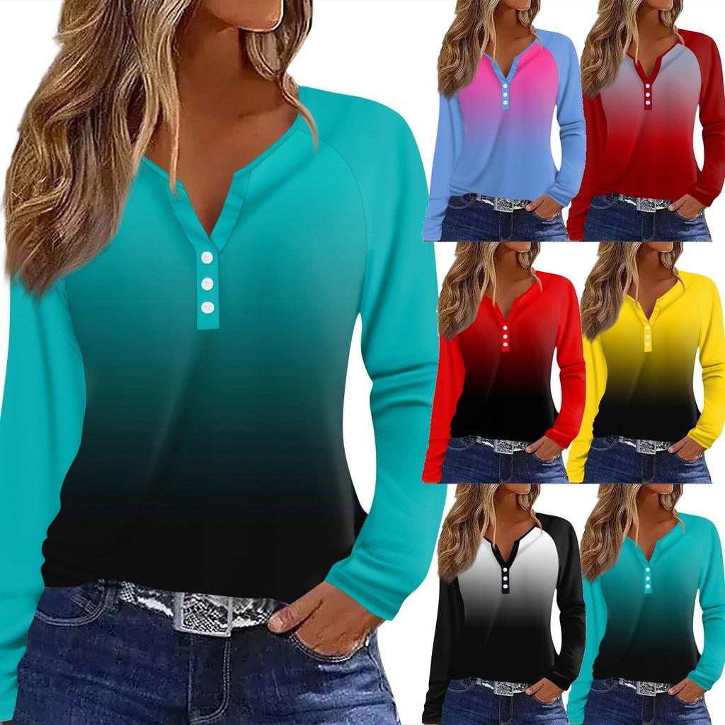 Women's T Shirt Print Button Long Sleeve Daily Weekend Fashion Basic V- Neck Regular Top