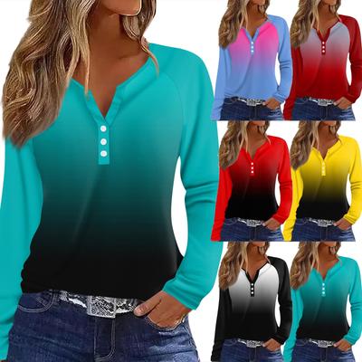 Women's T Shirt Print Button Long Sleeve Daily Weekend Fashion Basic V- Neck Regular Top