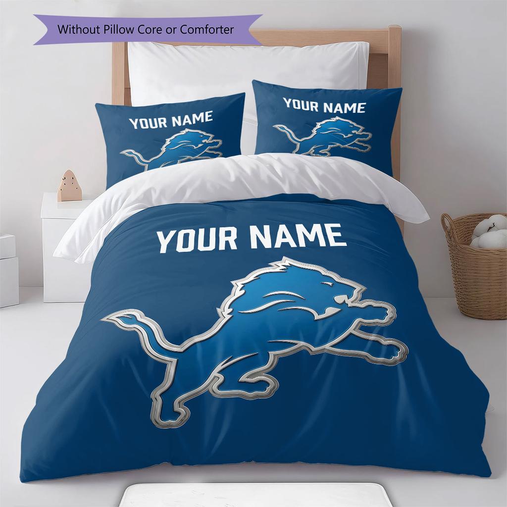 Custom Name,Detroit Lions Pattern Bedding Home Decoration Birthday Gift ( 1 duvet cover + 2 pillowcase, without core),fan merchandise.