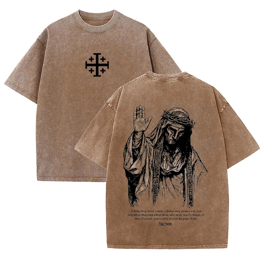 2026 Jesus mit Dornenkrone T-Shirt Vintage gewaschen Grau Grafik-T-Shirt Unisex Lässiges religiöses Oberteil