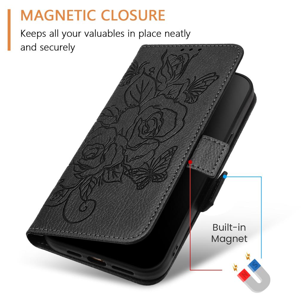 For Samsung Galaxy A16 5G/A16 4G Case Rose Imprinted RFID Blocking Leather Phone Cover with Strap