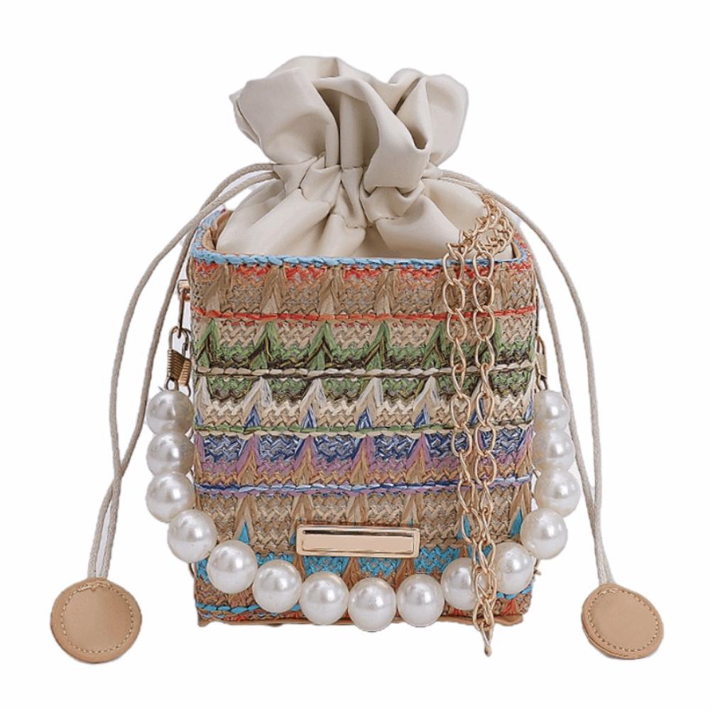 Bohemian Straw Shoulder Bag Elegant Women's Crossbody Bag Evening Purse Pearls Straw Handbag  Beach