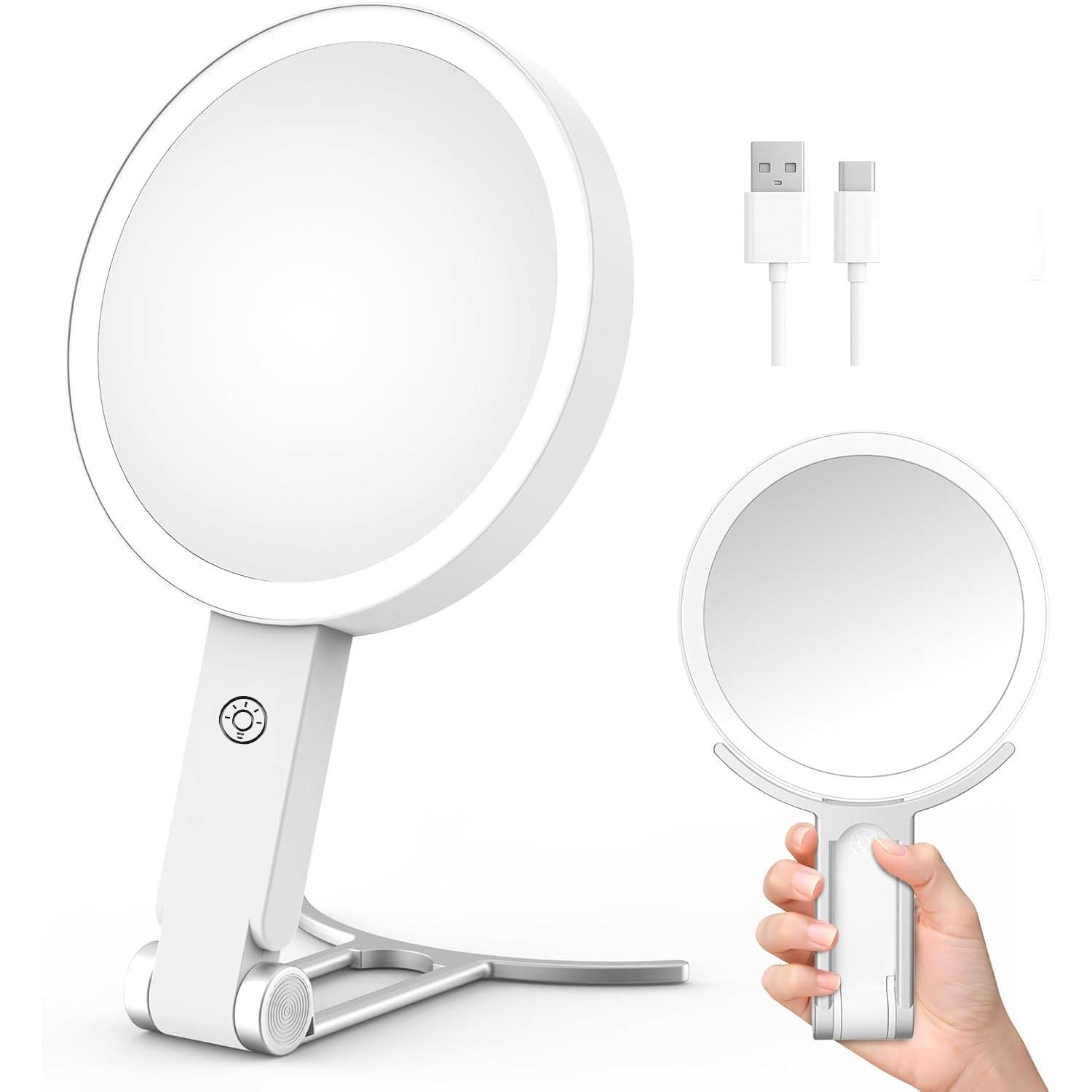 LED Makeup Mirror with Light, Double-Sided Portable Travel Mirror, Desktop Folding Handheld Mirror. 5X Magnification