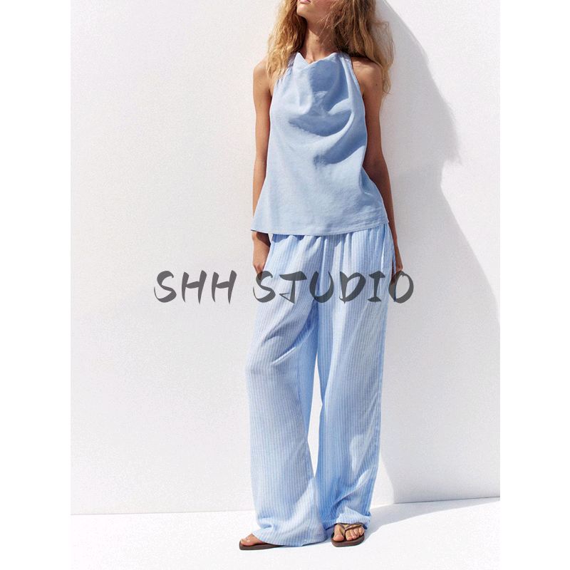 Summer New Product Women's Clothes Linen Blend Hanging by Ornament Bows Collar Open Back Tops 6929161