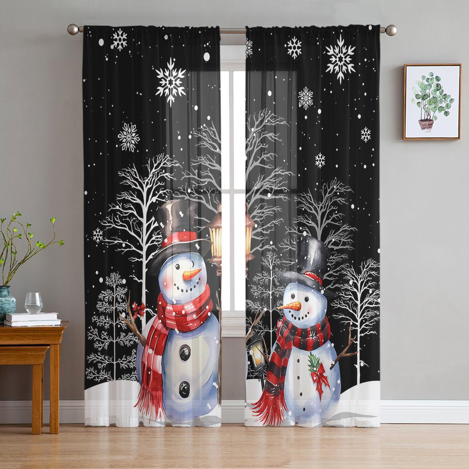 

Рождественский снеговик, снежинки, ветки, тюлевые шторы для гостиной, прозрачные занавески для спальни, рождественские жалюзи, вуали, шторы 135W x 244H(cm)