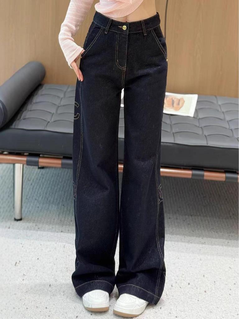 Women's Dark Blue Patchwork Embroidered Wide-Leg Jeans - Versatile, Slimming, Temperament Style.